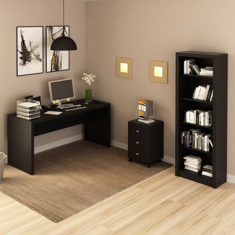 Conjunto 3 Peças com 1 Mesa para Escritório 1 Estante 1 Gaveteiro Espresso Móveis Preto