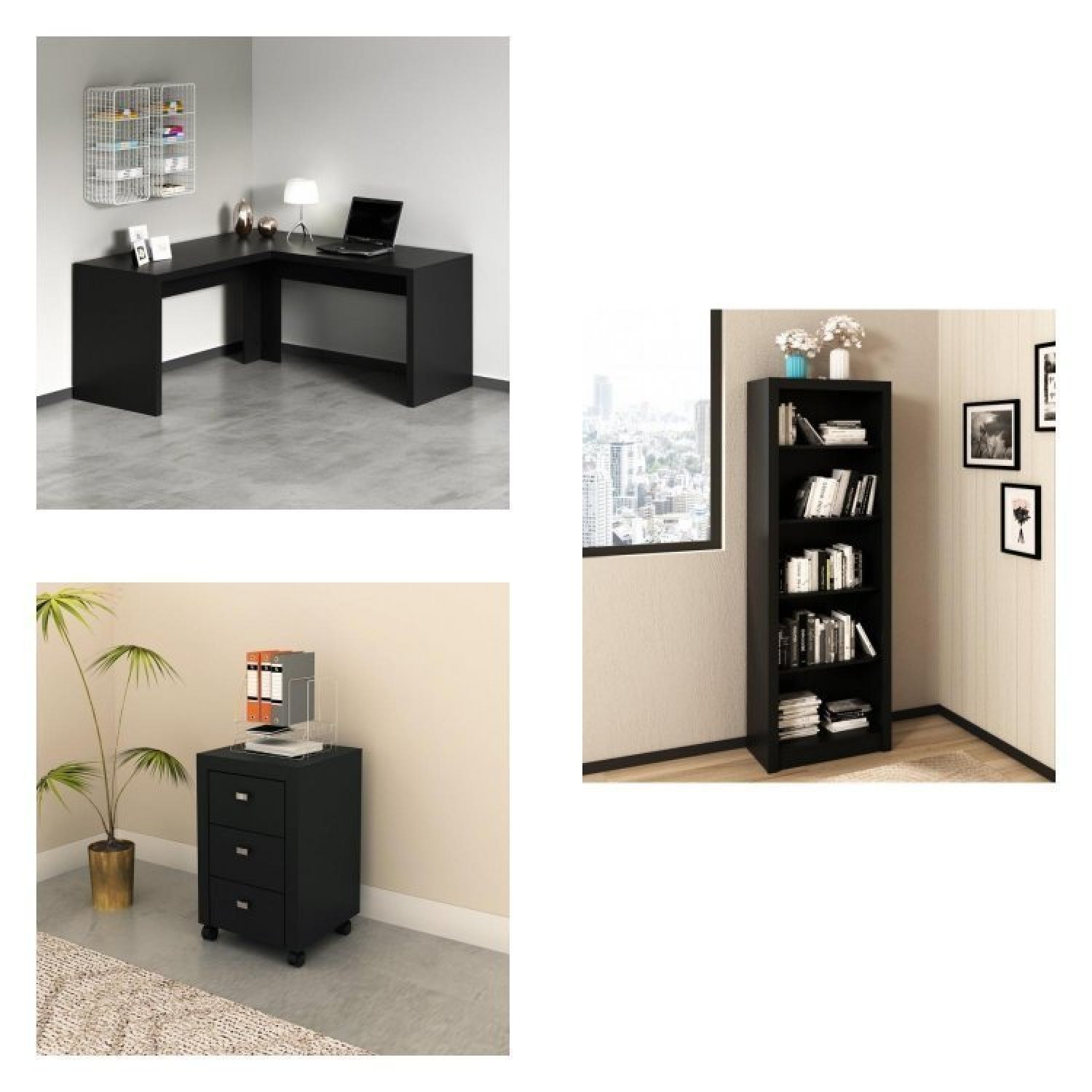 Conjunto Home Office 3 Peças com 1 Mesa para Escritório, 1 Estante e 1 Gaveteiro  - 2