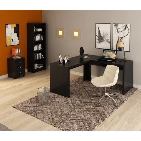 Conjunto 3 Peças com 1 Mesa em L 1 Estante 1 Gaveteiro Espresso Móveis