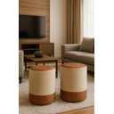 Ver imagem 1 de Kit 2 Puff Plus Banquinho Redondo Decorativo em Linho Base e Tampo Courino Bege/ Caramelo