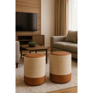 Kit 2 Puff Plus Banquinho Redondo Decorativo em Linho Base e Tampo Courino Bege/ Caramelo