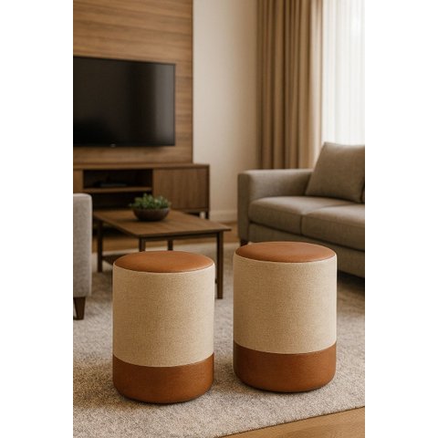 Kit 2 Puff Plus Banquinho Redondo Decorativo em Linho Base e Tampo Courino Bege/ Caramelo