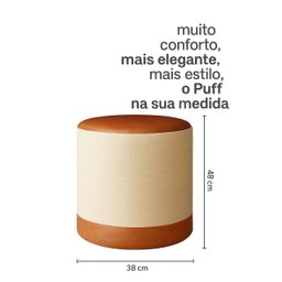 Kit 2 Puff Plus Banquinho Redondo Decorativo em Linho Base e Tampo Courino Bege/ Caramelo - 7
