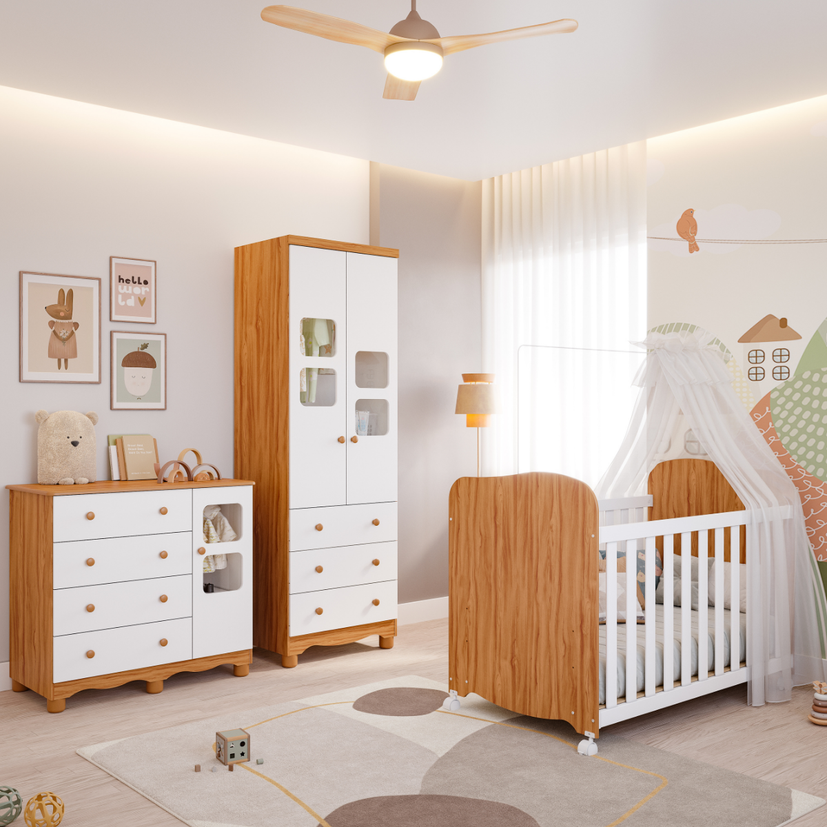 Quarto de Bebê Completo Berço Americano Uli Guarda Roupa Uli 2 Portas Cômoda Uli 100%mdf Peroba