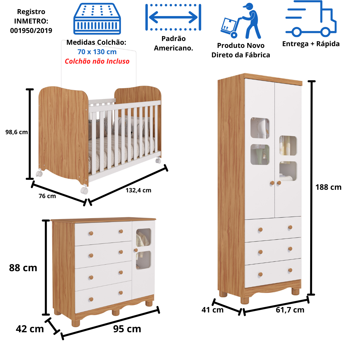 Quarto de Bebê Completo Berço Americano Uli Guarda Roupa Uli 2 Portas Cômoda Uli 100%mdf Peroba - 2