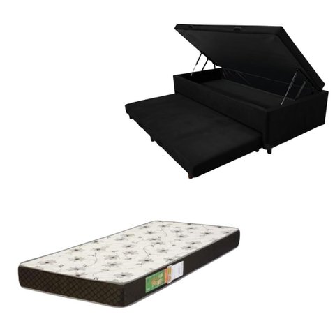 Cama Box Baú Solteiro com Auxiliar (Bicama) + Colchão Solteiro Espuma D20 12cm | Kit Completo com Ca