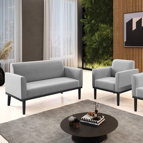Conjunto Poltrona e Namoradeira Decorativa Isabella Pés Fixo em Madeira Preto Suede Cinza G19 - Gran
