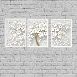 Kit 3 Quadros Árvore Flores Brancas 45x34cm:Madeira branca - 1