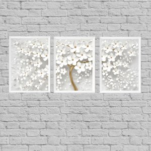 Kit 3 Quadros Árvore Flores Brancas 45x34cm:Madeira branca
