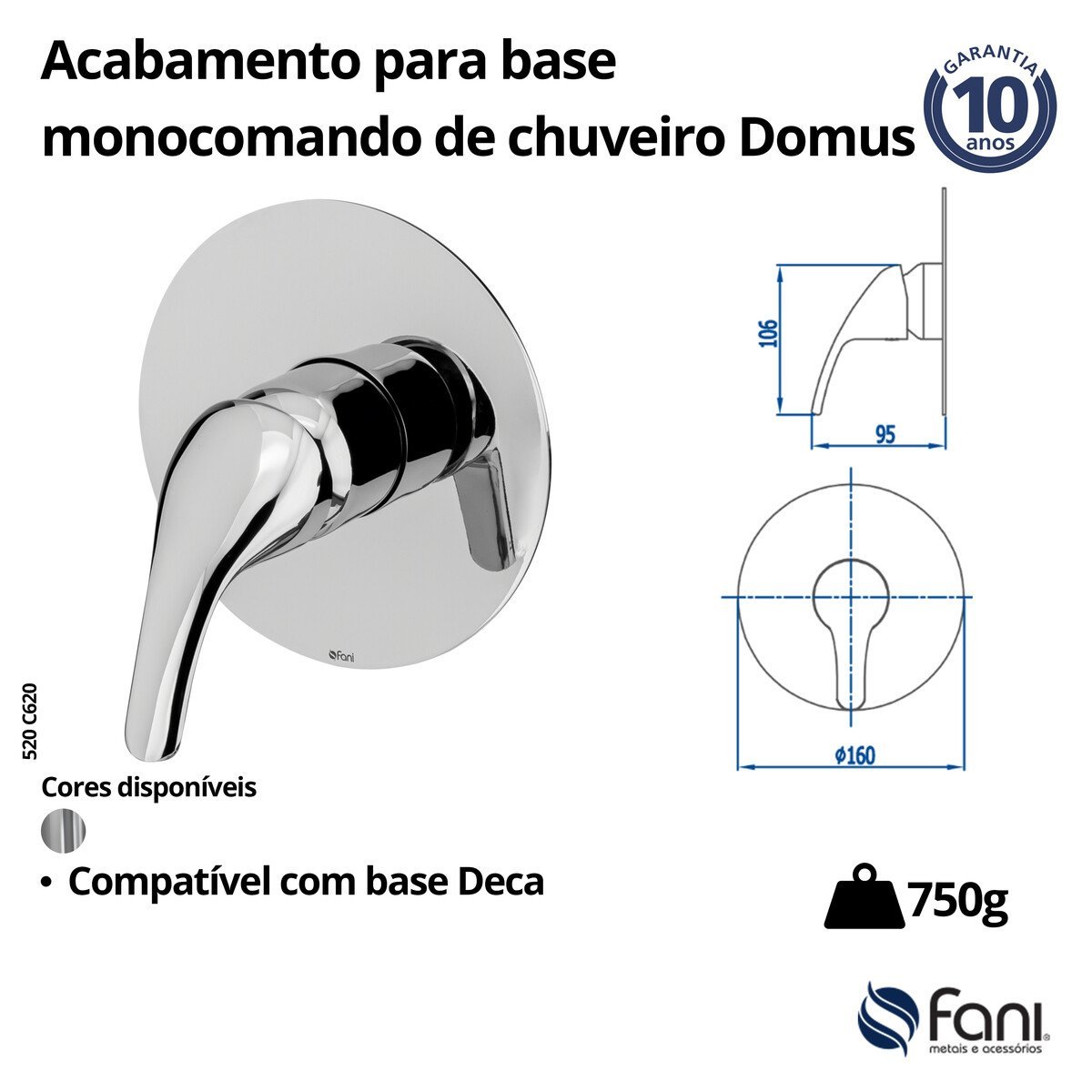 Acabamento Registro Monocomando 3/4 Cromado Domus 620 Fani - 2