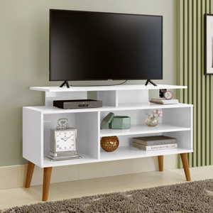 Rack Lyon Pés em Madeira Prateleiras Moderno para Tv Ate 42 Polegadas:branco