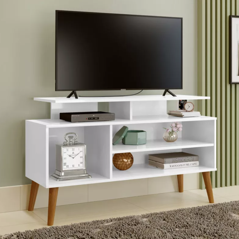 Rack Lyon Pés em Madeira Prateleiras Moderno para Tv Ate 42 Polegadas:branco