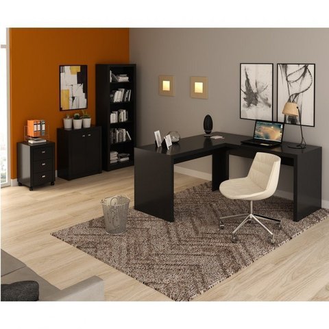 Conjunto 4 Peças com 1 Mesa em L 1 Balcão 1 Gaveteiro 1 Estante Espresso Móveis