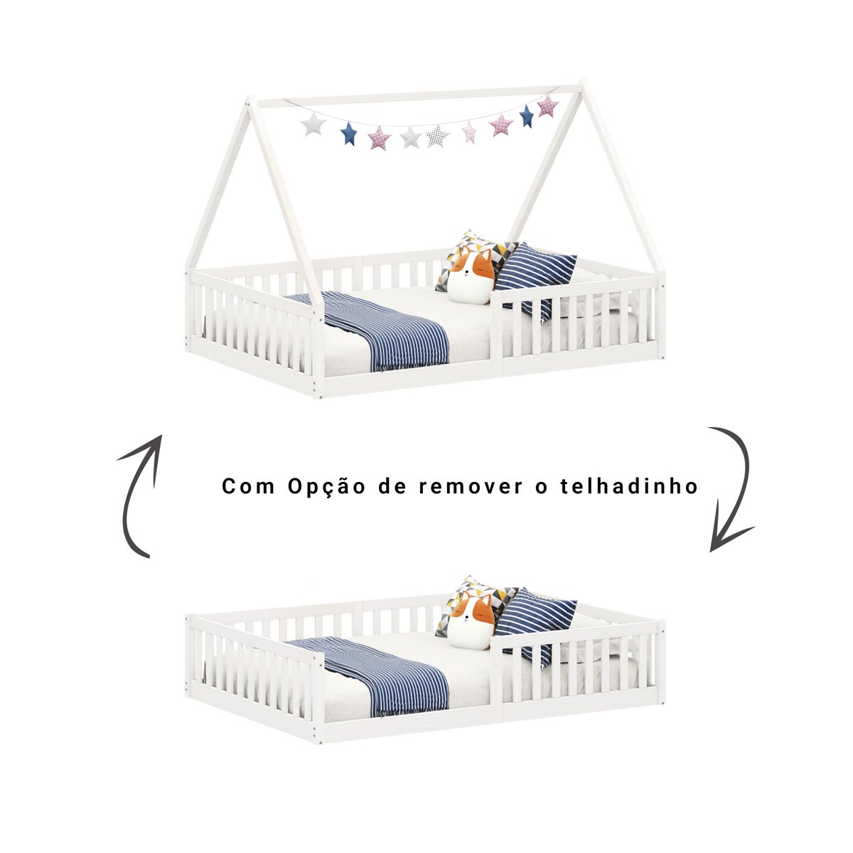 Cama Viúva Infantil Montessori Branco Madeira Casa com Estrado Stella - 5