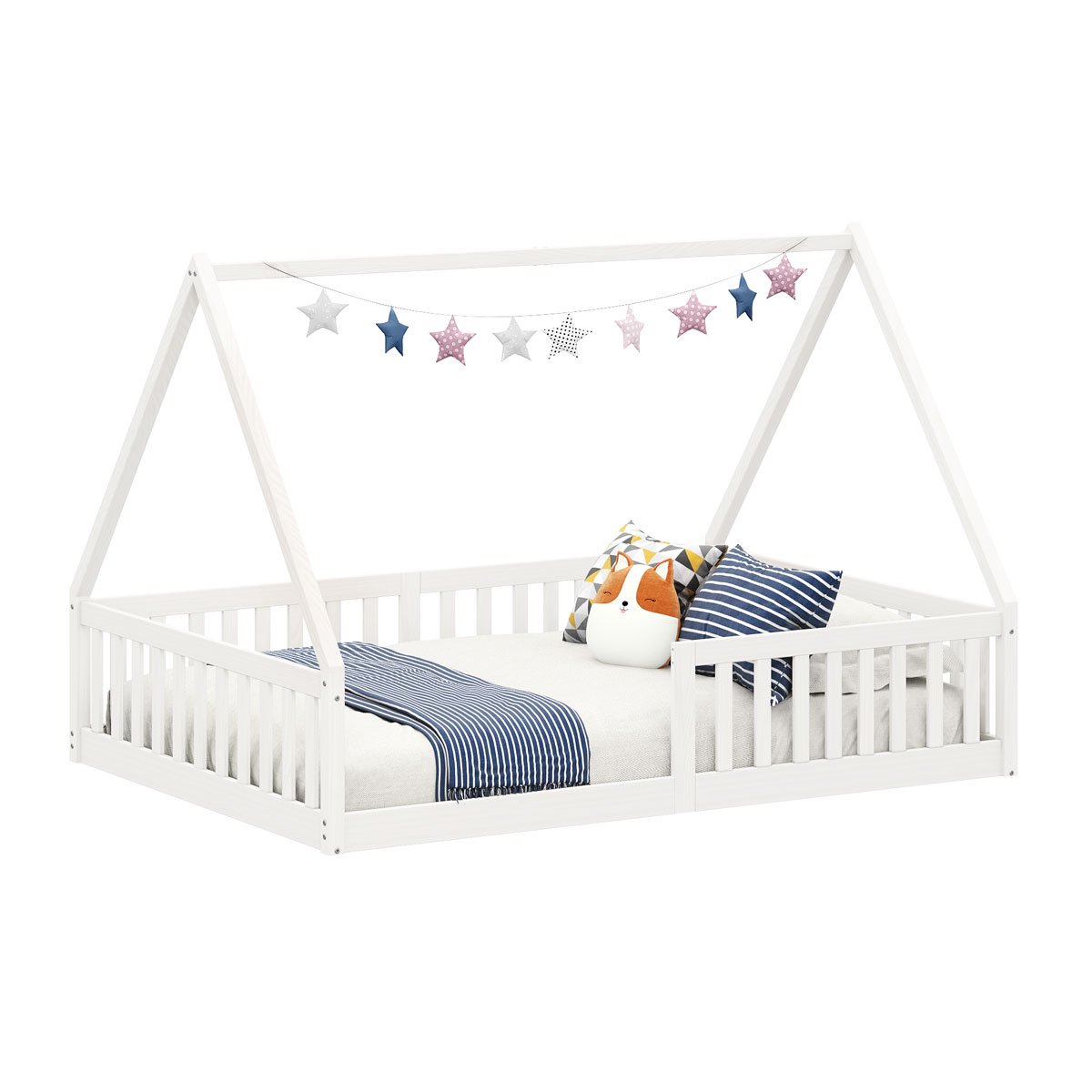 Cama Viúva Infantil Montessori Branco Madeira Casa com Estrado Stella - 7