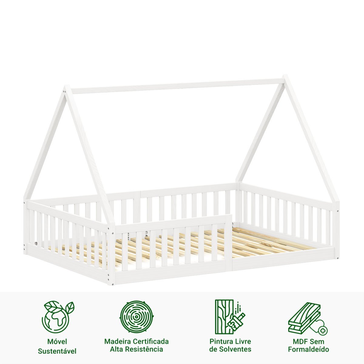 Cama Viúva Infantil Montessori Branco Madeira Casa com Estrado Stella - 3