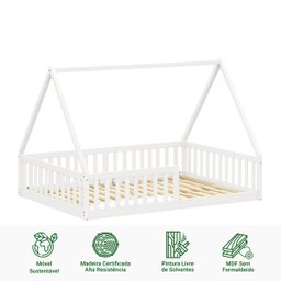 Cama Viúva Infantil Montessori Branco Madeira Casa com Estrado Stella - 3