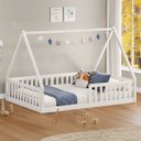 Ver imagem 1 de Cama Viúva Infantil Montessori Branco Madeira Casa com Estrado Stella Idimex
