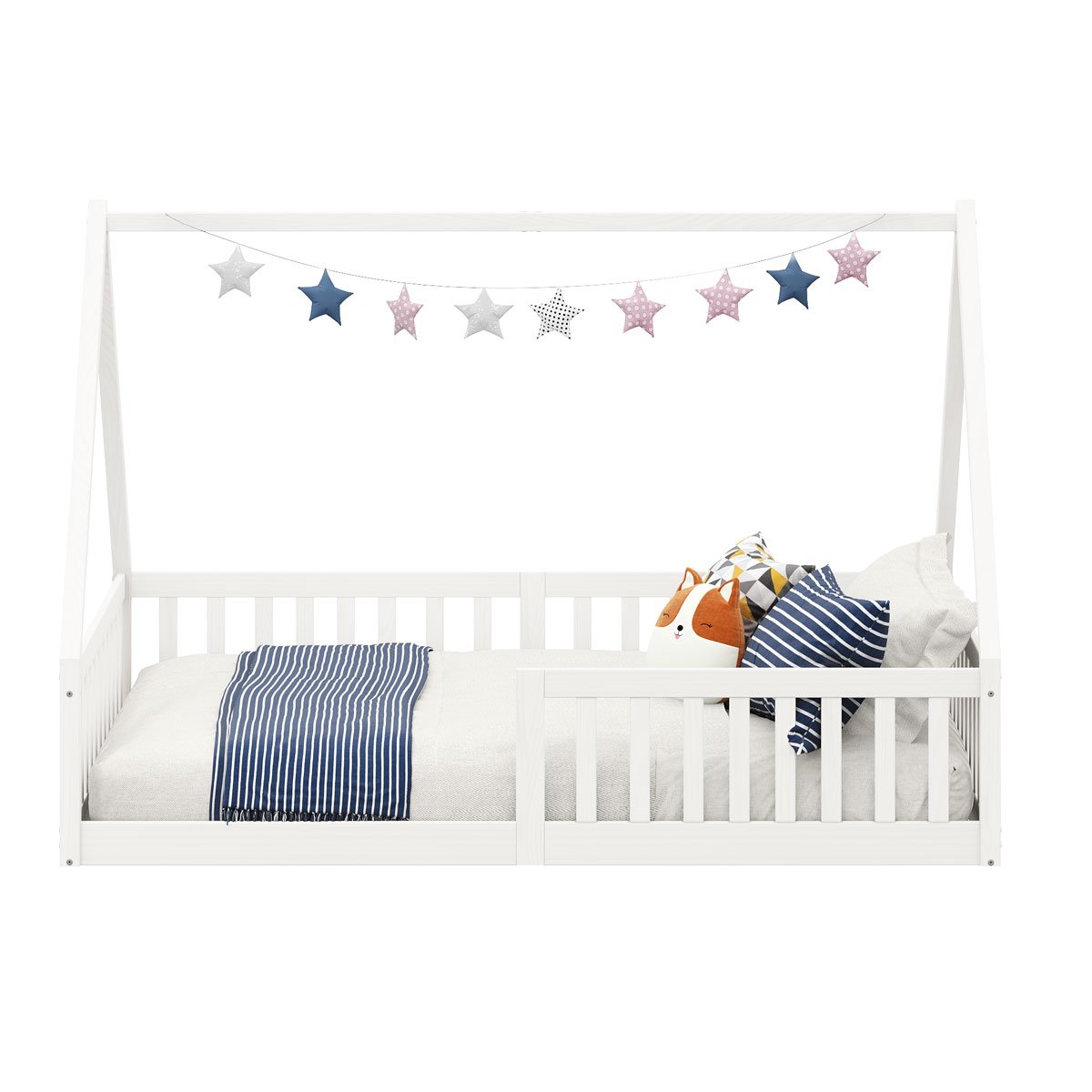 Cama Viúva Infantil Montessori Branco Madeira Casa com Estrado Stella - 8