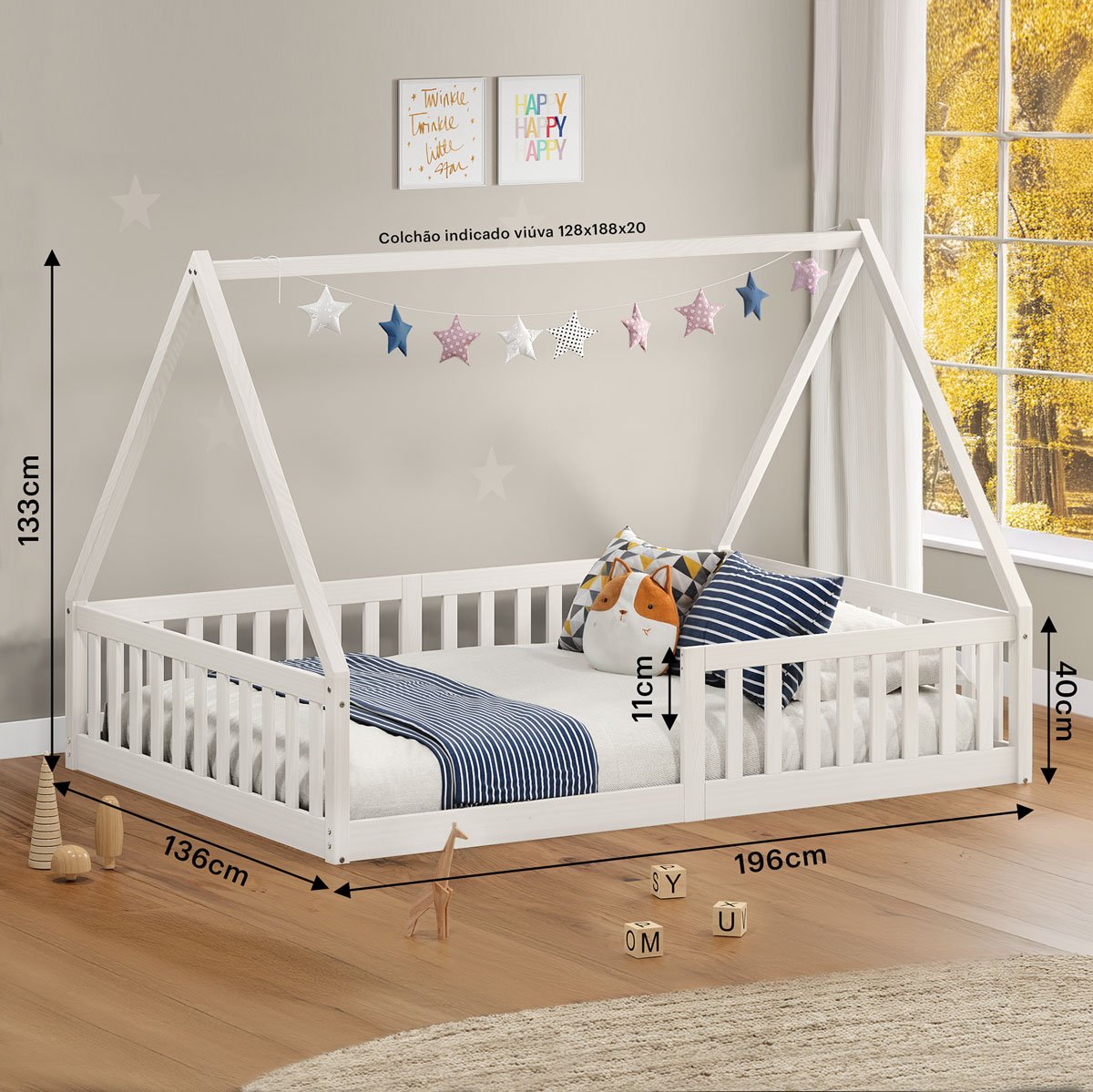 Cama Viúva Infantil Montessori Branco Madeira Casa com Estrado Stella - 4