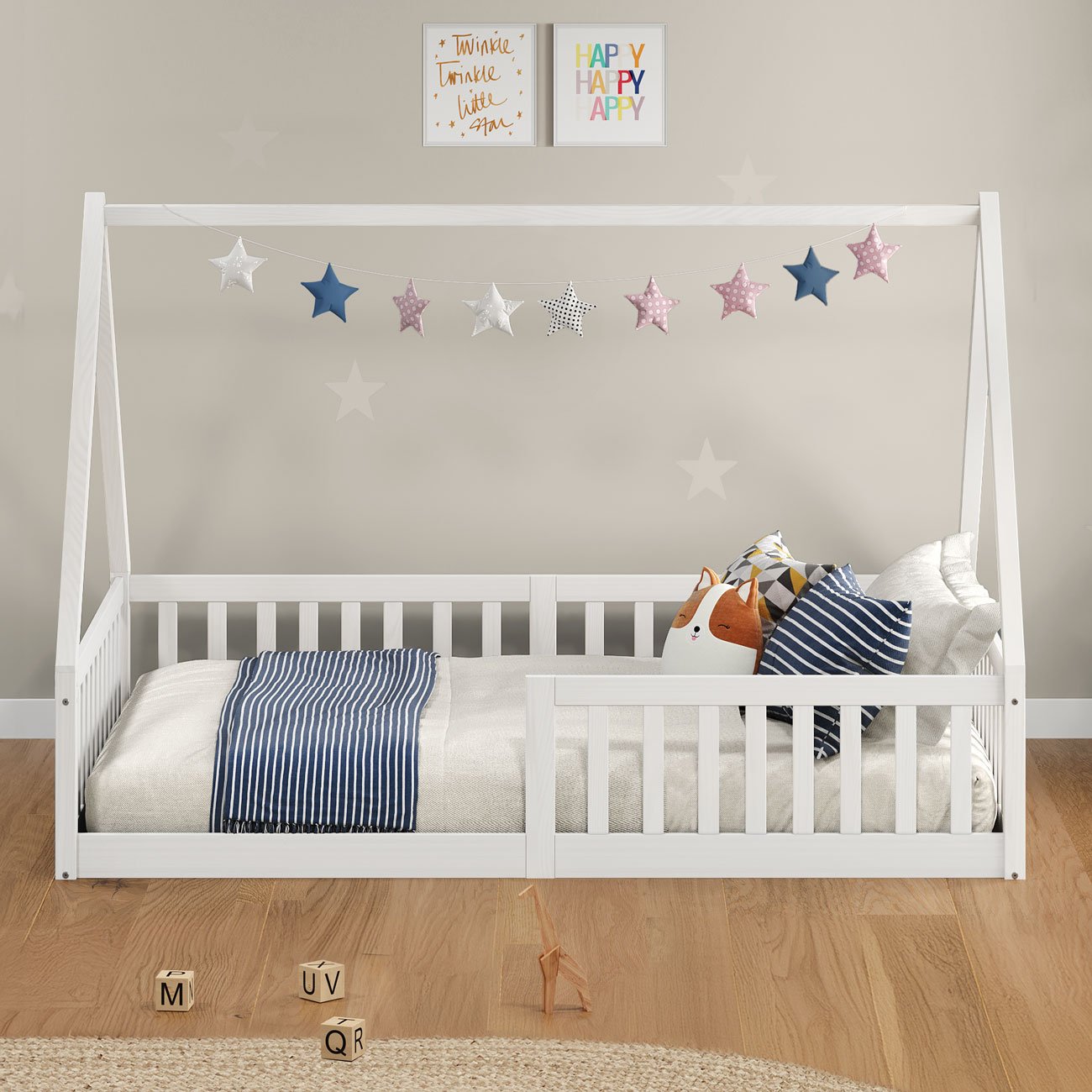 Cama Viúva Infantil Montessori Branco Madeira Casa com Estrado Stella - 2