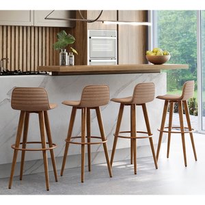 Kit 4 Banquetas Altas Luxo Versatil Aço Cobre Linho Terracota Base Carvalho