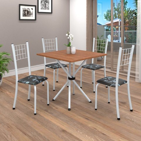 Conjunto de Mesa Tubular 70cm x 70cm Tampo em MDF com 4 Cadeiras Dany Branco/Preto