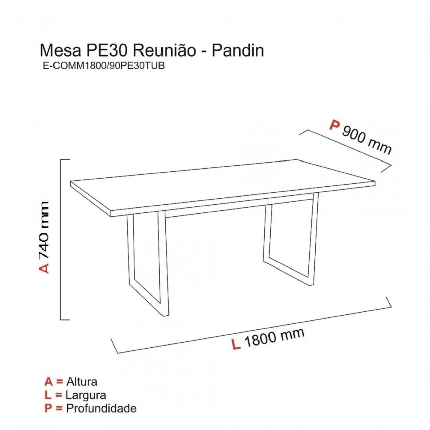 Mesa para Escritório Reunião 180x90cm Pe30 Pandin Móveis - 4