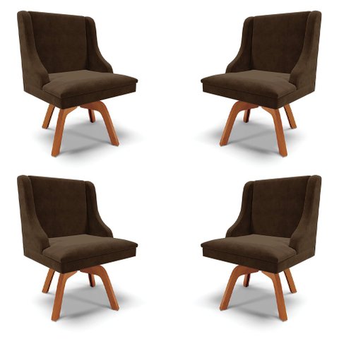 Kit 4 Cadeiras Decorativas Sala de Jantar Base Giratória de Madeira Firenze Suede Marrom/Natural G19