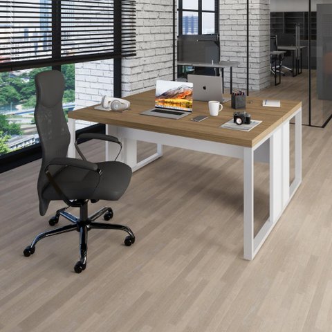 Plataforma de Trabalho 2 Pessoas 1,50m X 1,40m Pés Metal F5 Cor:macadâmia com Branco
