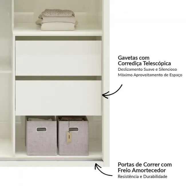 Ver imagem 6 de Guarda Roupa 2 Portas de Correr 2 Gavetas 179cm 100% MDF Branco/Off White Brilho