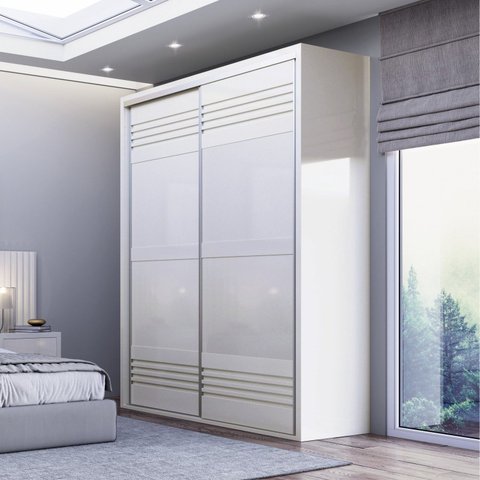 Guarda Roupa 2 Portas de Correr 2 Gavetas 179cm 100% MDF Branco/Off White Brilho