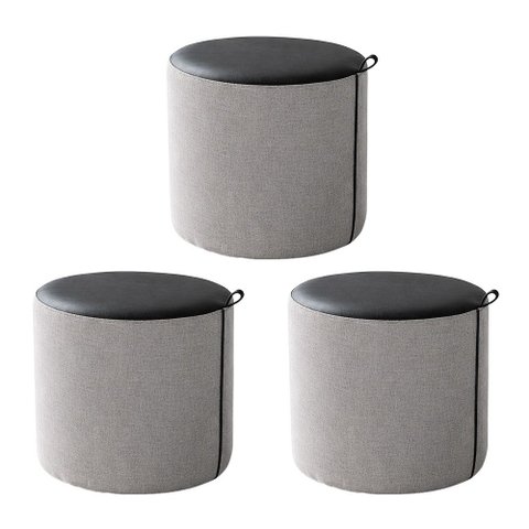Kit 3 Puffs Requinte Redondos Decorativos Design Sofisticado Premium - Couro Preto/Linho Cinza