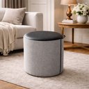Ver imagem 3 de Kit 3 Puffs Requinte Redondos Decorativos Design Sofisticado Premium - Couro Preto/Linho Cinza