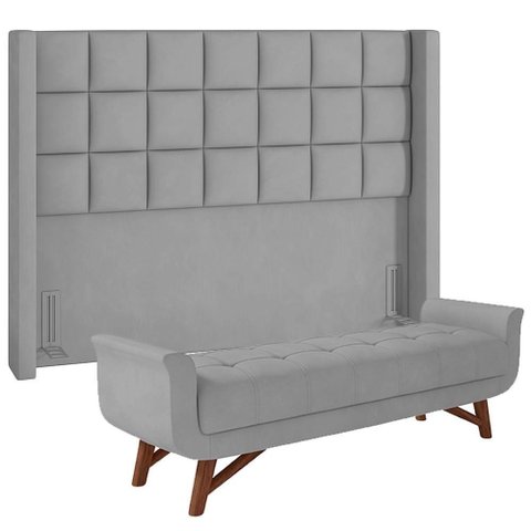 Kit Cabeceira Cama Box Casal 140 cm Paris com Puff Recamier Itália P05 Linho Cinza Escuro