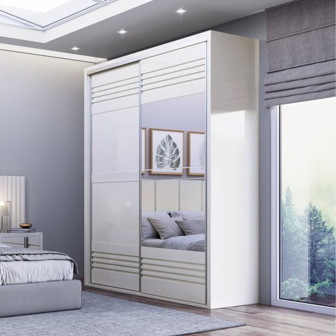 Guarda Roupa com Espelho 2 Portas de Correr 2 Gavetas 179cm 100% MDF Branco/Off White Brilho