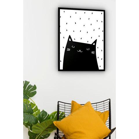 Quadro Decorativo Gato Preto e Branco - 70x50cm:moldura Preta