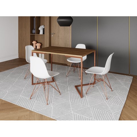 Mesa Industrial Base Ferro Cobre em  V  Tampo 137x90 Amêndoa 4 Cadeiras Eames Assento Branco Ferro C