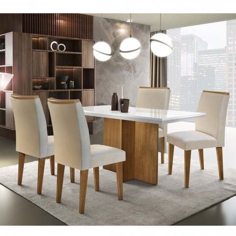 Conjunto Sala de Jantar Mesa Tampo MDF Irlanda 4 Cad Dublin Marrom/Veludo Creme/Off White/Imbuia