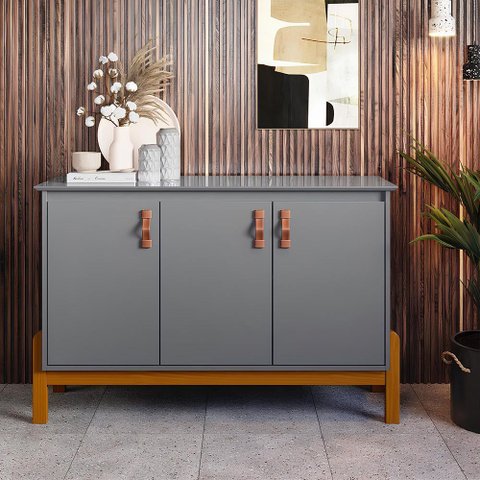 Aparador Buffet Sonetto 3 Portas Cantinho do Café Sala Jantar Pés Madeira Maciça Puxador Couro Cinza