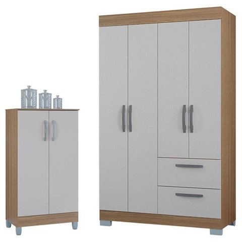 Guarda Roupa Solteiro Tóquio 4 Portas com Armário Multiuso 2 Portas Pequeno Castanho Off White -