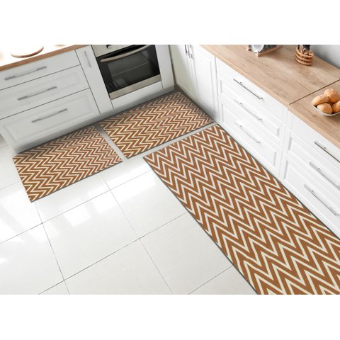 Kit Tapetes e Passadeira De Cozinha 3 Peças Antiderrapante Chevron Zig Zag Geométrico Caramelo e Cru