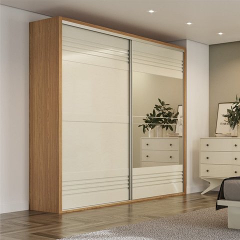 Guarda Roupa com Espelho 2 Portas de Correr 2 Gavetas 223cm 100% MDF Off White/Freijó