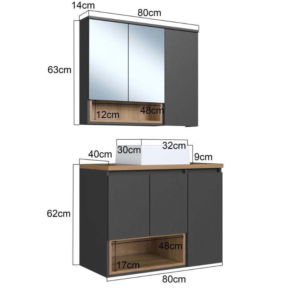 Gabinete de Banheiro 80cm Cecília com Espelheira 03 Portas e Um Nicho Mel/grafite com Cuba Branca - 4