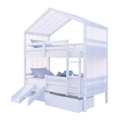 Beliche Solteiro Casinha com Gavetas Cortina Grade Proteção e Kit Escada/Escorregador Madeira Maci