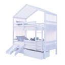 Ver imagem 1 de Beliche Solteiro Casinha com Gavetas Cortina Grade Proteção e Kit Escada/Escorregador Madeira Maci