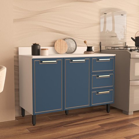 Balcão de Cozinha 120cm 2 Portas 3 Gavetas com Tampo Amara Branco Azul Politorno Móveis