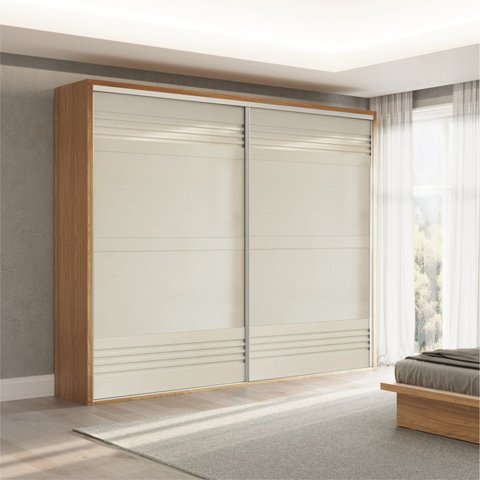Guarda Roupa 2 Portas de Correr 2 Gavetas 267cm 100% MDF Off White/Freijó