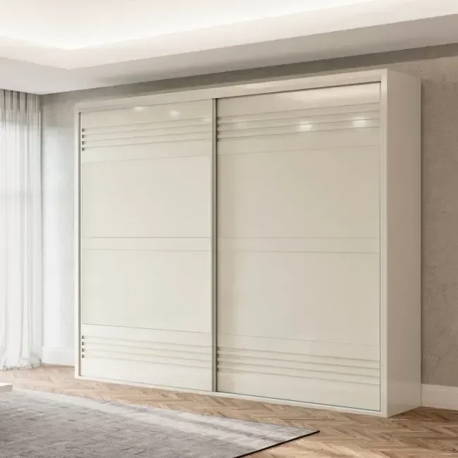 Guarda Roupa 2 Portas de Correr 2 Gavetas 267cm 100% MDF Branco/Off White Brilho