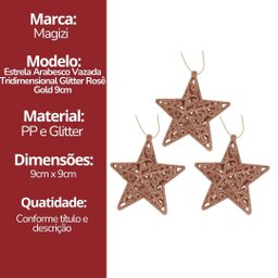 Conjunto Estrela Tridimensional Arabesco Rosê 11cm Enfeite Árvore 8 Unidades - Magizi - 4